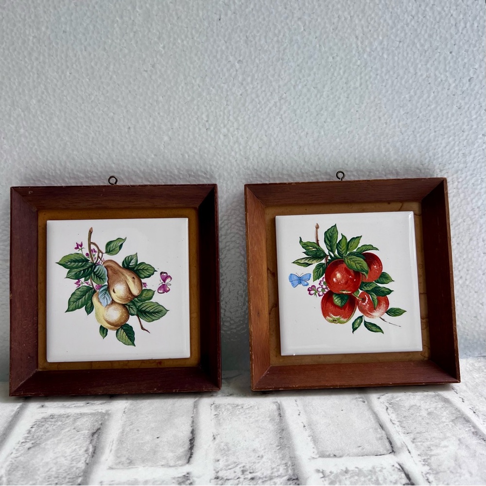 NAPCOWARE Japan Vintage MCM Lot 2 Pear Apple Fruit Tile Wood Framed Wall Art